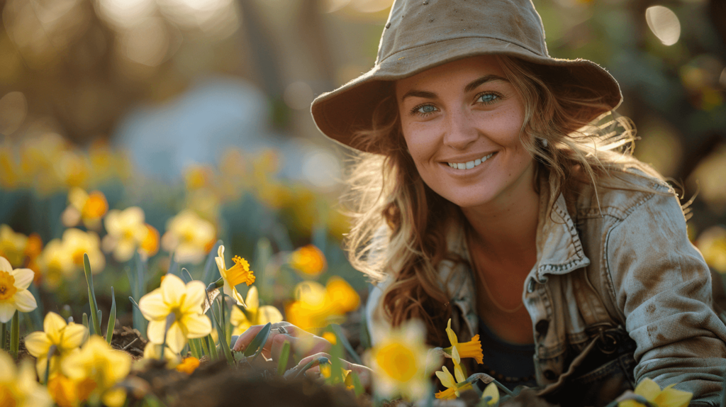 A_woman_in_a_garden_caring_for_Daffodils