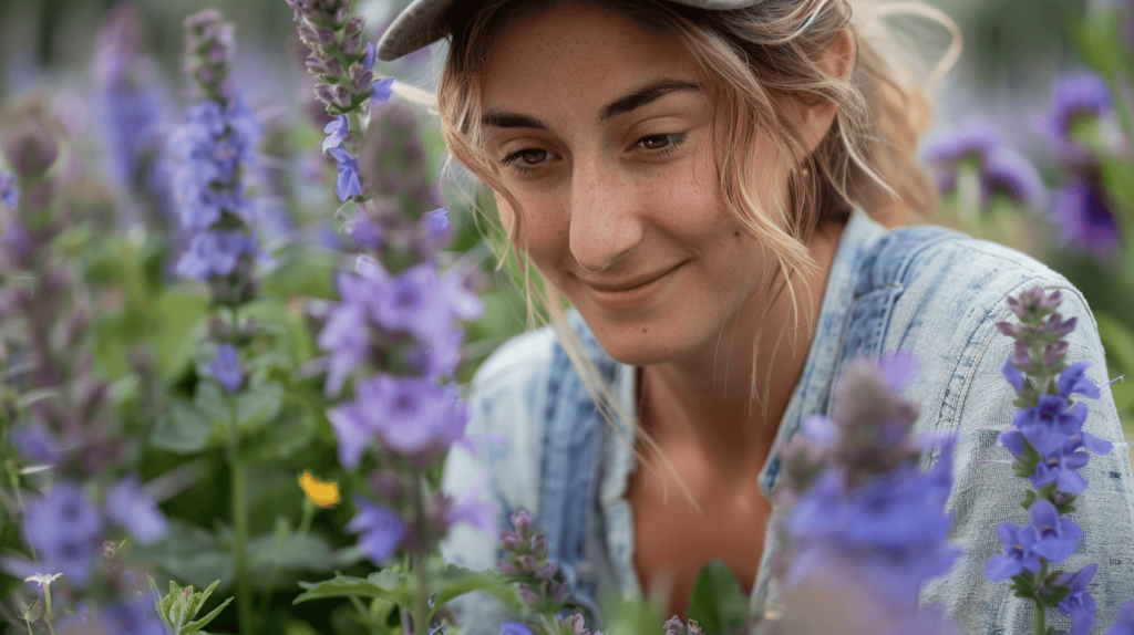 A_woman_in_a_garden_caring_for_Larkspurs