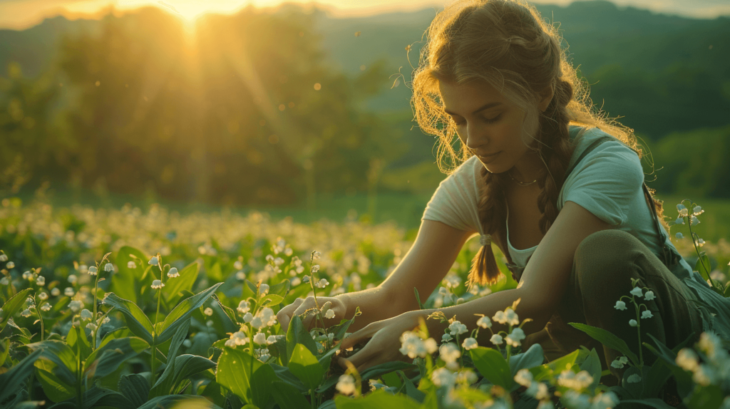 _A_woman_in_a_garden_caring_for_Lily_of_the_Valley