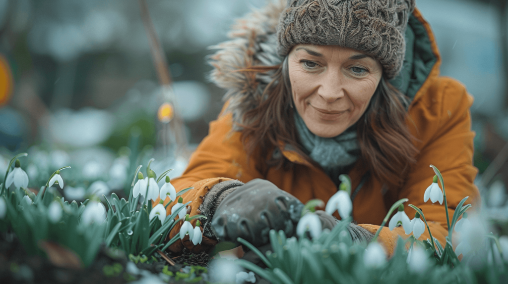 a woman caring for snowdrops