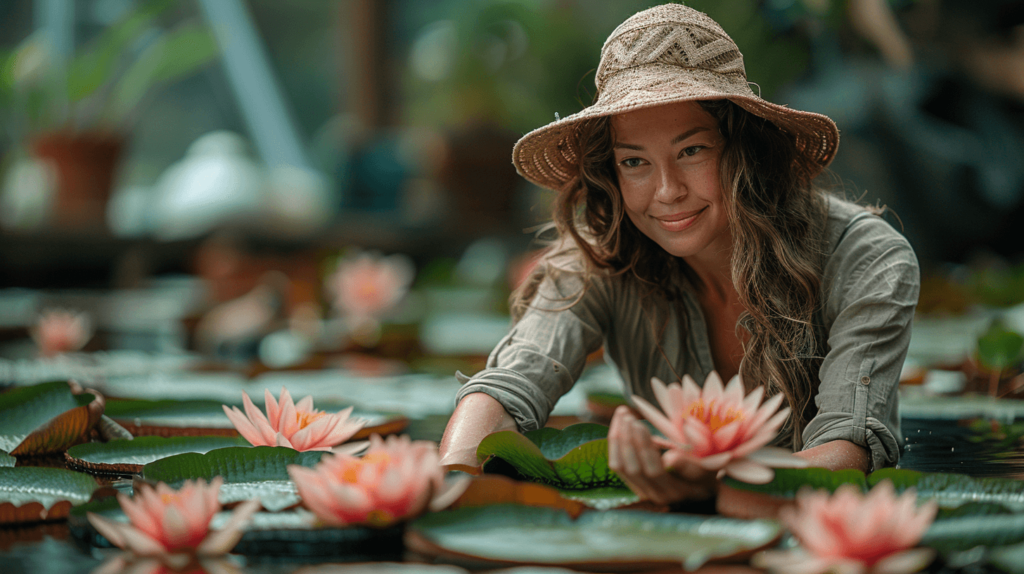 A_woman_in_a_garden_caring_for_Water_Lilies