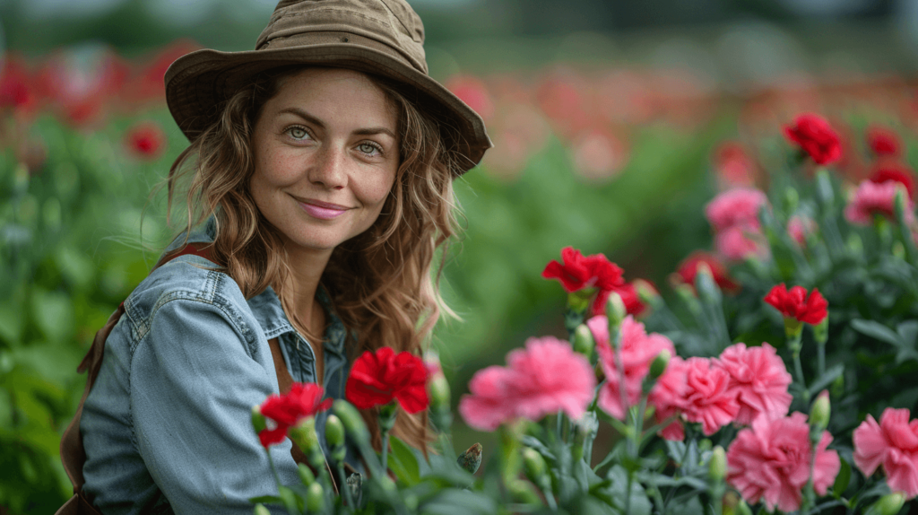 A woman in a hat smiles in a garden of red and pink carnations.