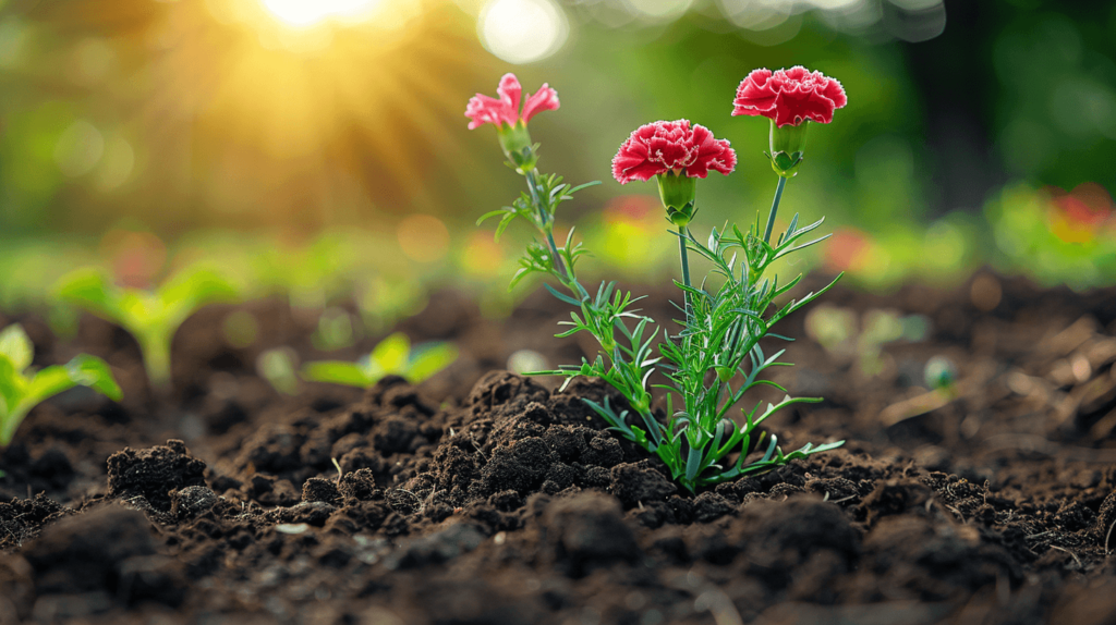 Carnation growing in the soil