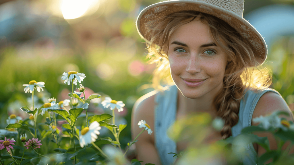 A_woman_in_a_garden_caring_for_Cosmos