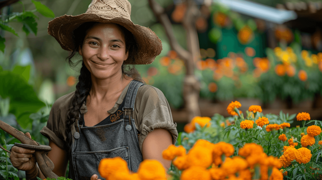 A_woman_in_a_garden_caring_for_Marigolds