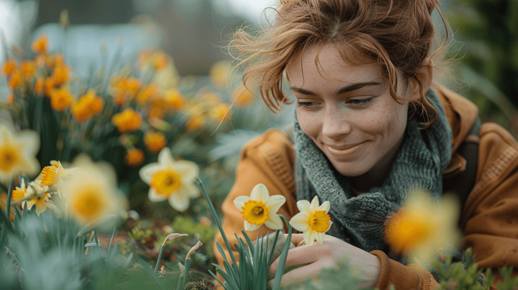 A_woman_in_a_garden_caring_for_Narcissus